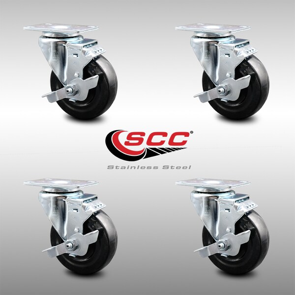 4 Inch SS Hard Rubber Wheel Swivel Top Plate Caster Set with Brake SCC
